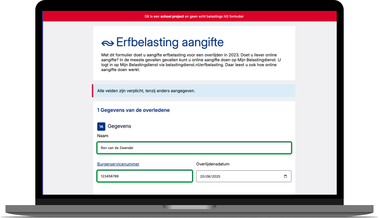 Mockup van het erfbelasting formulier met NS componenten